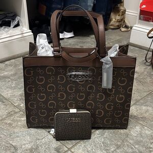 GUESS Brown Monogram Tote with Matching Wallet